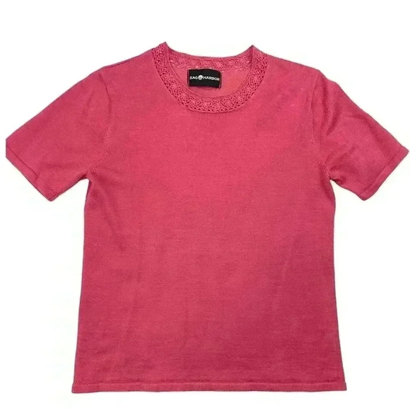 Sag Harbour Women's Coral Soft Sweater Top Medium Short Sleeve Crocheted Trim - Picture 1 of 11